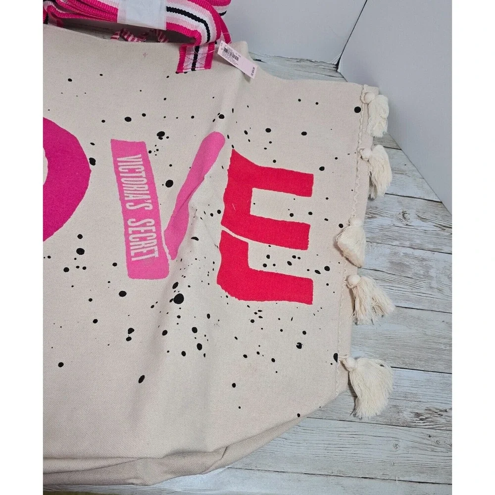 Victoria's Secret Tote Bag Large Canvas Weekender Love ‎ Beach Tassels NWT $59